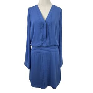 WHBM Long Sleeve Pleated Mini Shirt Dress Blue Office Preppy Career NWT Size 8